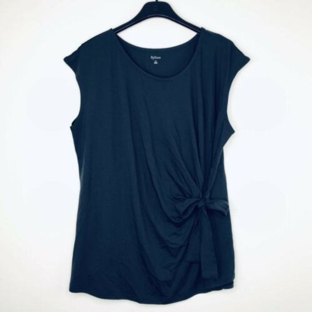 Ryllace Navy Blue Tie the Knit Cap Sleeve Blouse